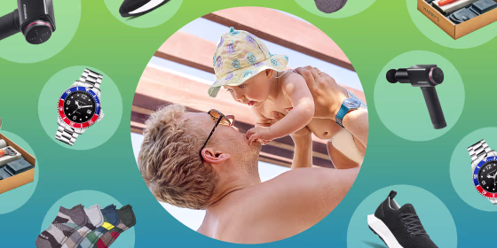 Illustration of a Dad holding his baby overhead and different products to buy a new Dad for Father's Day