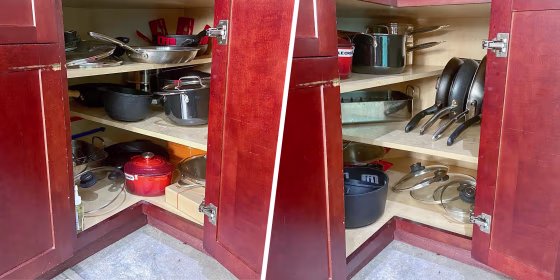 Split image of a before and after cabinet, using the DecoBros Pan Organizer Shelf Rack