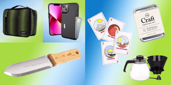 Illustration of Melitta Pour-Over Coffee Brewer, Smartish iPhone 13 Wallet Case, PackIt Freezable Classic Lunch Box, Nisaku NJP650 Hori-Hori Weeding & Digging Knife, Minimalist National Park Playing Cards and the W&P Craft Cocktail Kit
