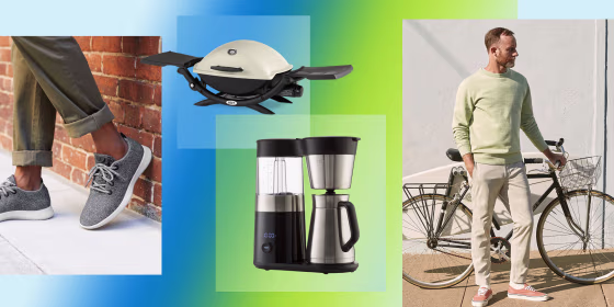 Illustration of a man wearing Allbirds Wool Runners, the Weber Liquid Propane Portable Grill, OXO 9-Cup Coffee Maker and a man next to a bike wearing Everlane The Performance Chino