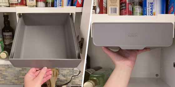 Split Image of a hand opening the CupboardStore Under-shelf drawer