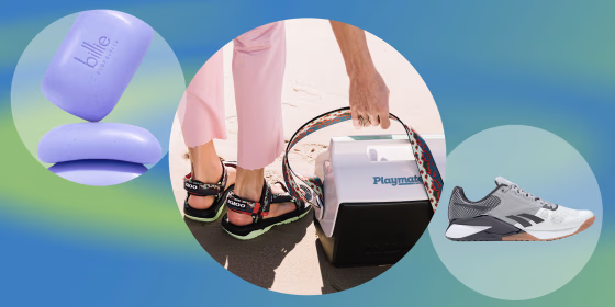 Illustration of the Nano 6000 Training Shoe, Billie Body Buffer exfoliating bar and someone wearing Teva shoes and holding an igloo cooler