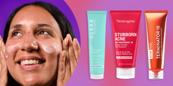 Illustration of three different products and someone rubbing cream on their face