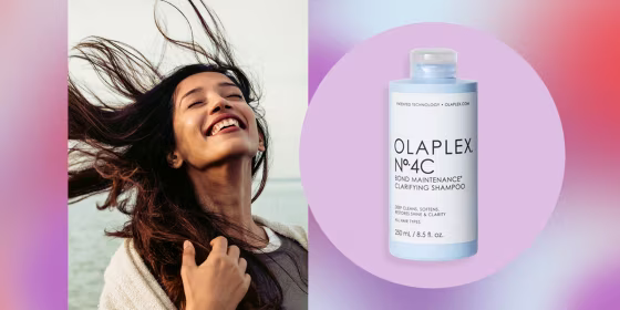 Woman with her hair flying and Olaplex No 4C