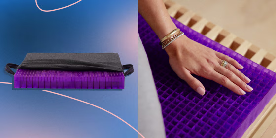 Purple's Double Seat Cushion and a hand touching Purple's Double Seat Cushion