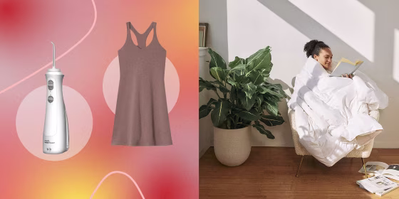 Illustration of a Woman wrapped in a blanket, workout dress and a Waterpik