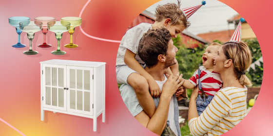 Happy family celebrating Fourth of July, DuraClear Tritan Outdoor Multicolor Margarita Glasses and Windham 2 Door Accent Cabinet