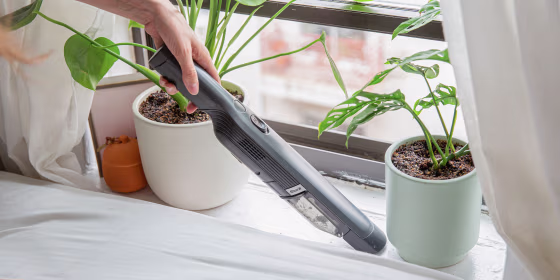 Woman using a vacuum on her window