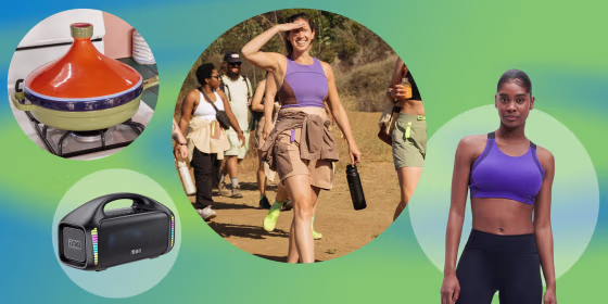 Illustration of someone wearing hiking gear, tribute speaker, On-Running Bra and a Tagine from Our Place