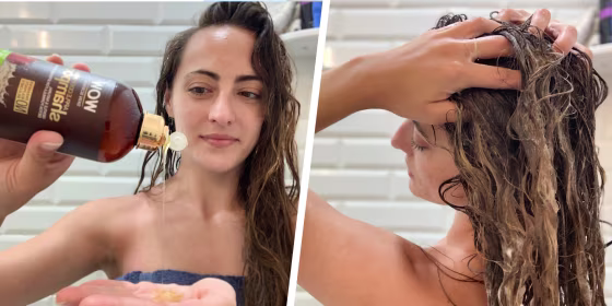 Split image of someone putting product in their hair