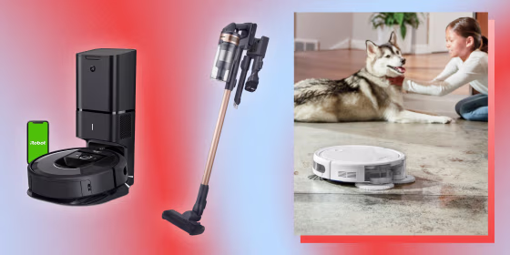 Illustration of a girl and her dog by a robot vacuum, the iRobot Roomba i7+ Robot Vacuum and Samsung Jet 60 Flex Cordless Stick Vacuum Cleaner
