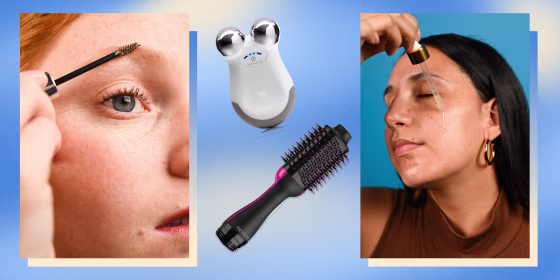 Illustration of someone putting serum on, someone brushing their brows and two products on sale for Amazon Prime Day