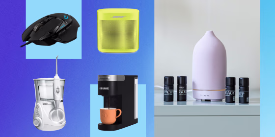 Illustration of a computer mouse, Bose speaker, Keurig, Vitruvi and Waterpik