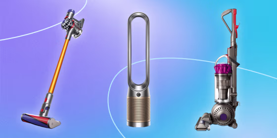 Illustration of the Dyson Purifier Cool Formaldehyde(TM) TP09 purifying fan, Dyson V8 and the Dyson Ball Multi Floor Vacuum Cleaner