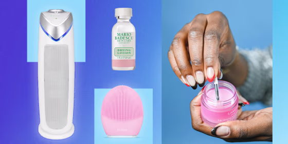 Illustration of a Woman with nice nails touching laneige lip mask, and three other products on sale for Amazon Prime Day