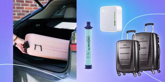 Illustration of a suitcase going into a trunk, LifeStraw, Suitcases and a TTP-Link AC750