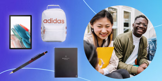 Illustration of kids sitting outside school and different back to school products
