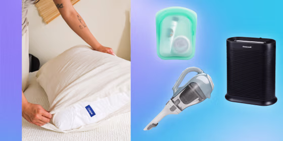 Illustration of someone putting a pillowcase on a Casper and three different products on sale for Amazon Prime Day