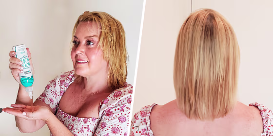 Two images of a before and after using Not Your Mother's Hair Rinse