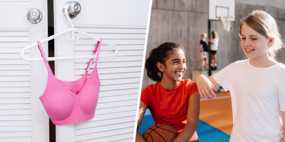 Split image of a bra hanging on a hanger and Smiling girl looking at female friend in sports court