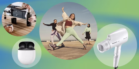 Illustration of a cold brew filter, three woman wearing H&M, Google Pixel buds and the Panasonic Nanoe Travel Hair Dryer