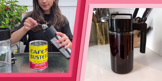 Split image of a Woman making cold brew and a finished cold brew