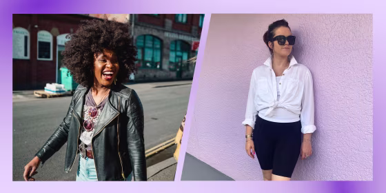 Woman wearing Baleaf High-Waist Biker Yoga Shorts and a stylish woman in a jean jacket