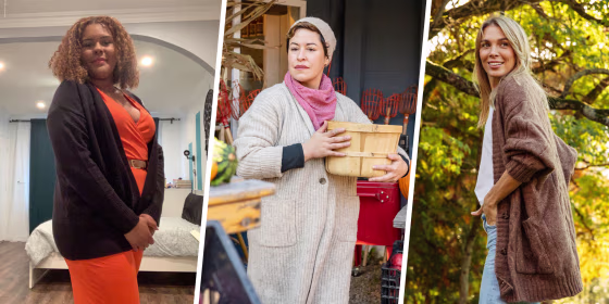 Three images of Women wearing different colors and styles of cardigans