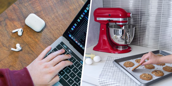 Split image of Apple Air Pods Pro's and a red Kitchen Aid