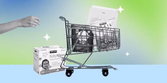 Illustration of a hand grabbing a cart filled with products