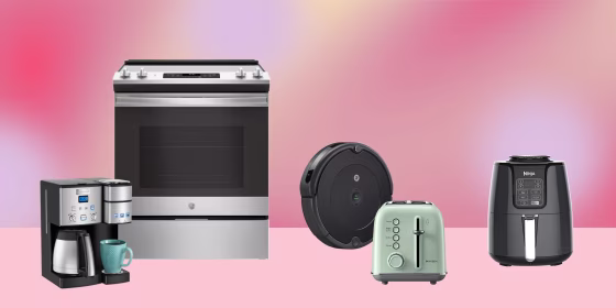 Illustration of an oven, toaster, roomba, air fryer and coffee pot