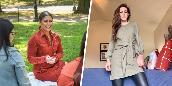 Split image of two women wearing fall dresses