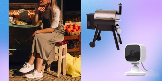 Woman wearing Allbirds, a Grill and a Blink Mini camera