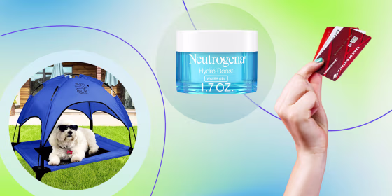 Elevated Dog Bed Cot, Neutrogena Hydro Boost Hyaluronic Acid and a hand holding a credit card