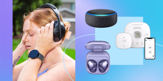 Woman with headphones and the Echo, Garage Smart opener and headphones