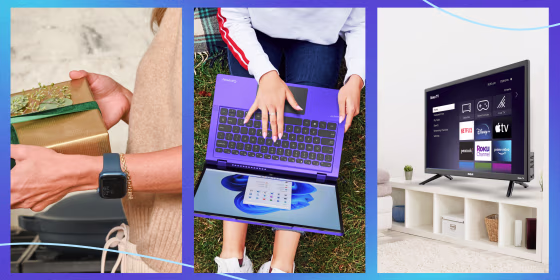 Laptop, Roku TV and an apple watch