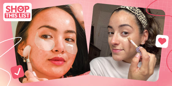 Woman with eye mask and Woman putting on concealer