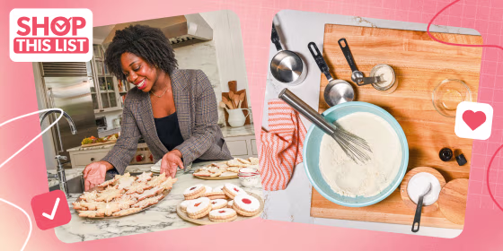 Woman with holiday cookies and an overhead of baking items