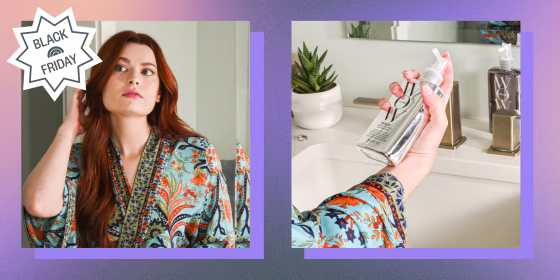 Woman touching her hair while looking in the mirror and a bottle of Color Wow Spray