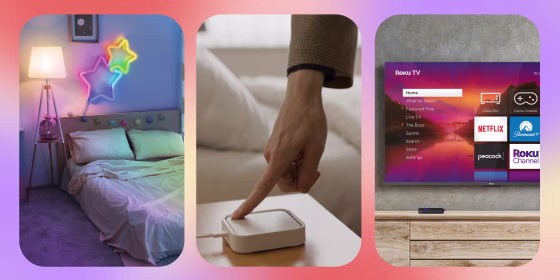 Hexagon Panels, Neon-Shape Lights, and additional smart bulbs in a bedroom, the SmartThings Station by Samsung and A Roku TV