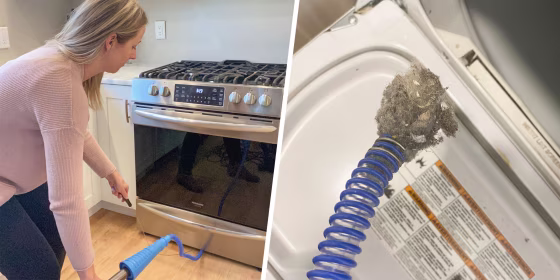 Split image of a woman cleaning her oven and cleaning a dirty dryer