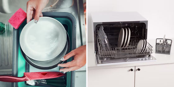 Teenager Girl Washing Up The Dishes Pots And Plates With Help Her Younger Sister and a countertop dishwasher