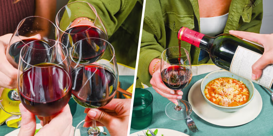 Split image of wine glasses and pouring wine