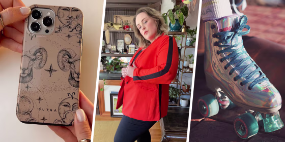 Woman with a red blazer and a phone case