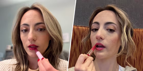 Split image of two different shades of the Tarte maracuja oil lippies