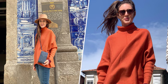Split image of an orange sweater