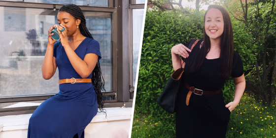 Split image of two Woman wearing a maxi dress