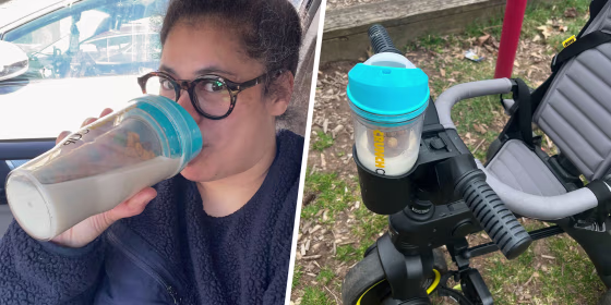 Split image of a woman using a Crunch cup