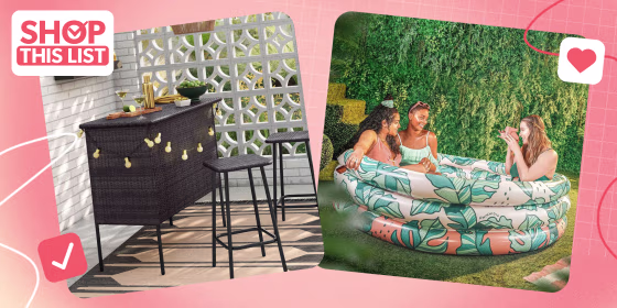 Three friends in a mini pool and an outdoor bar