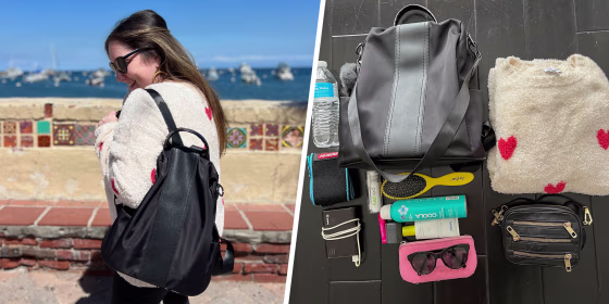 Split image of a Woman wearing a black Anti-theft bag and items being packed in the bag